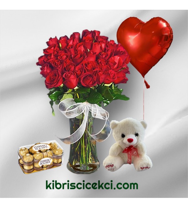 Vazoda 41 Kırmızı Gül Ayıcık 16'lı Ferrero Çikolata Kalp Helyum Balon